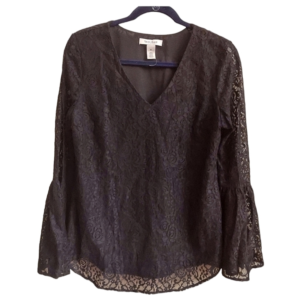 WHITE HOUSE BLACK MARKET V Neck Bell Sleeve All Over Black Lace Top S Goth